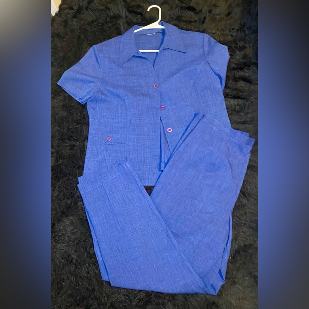Vintage‎ 90s Sag Harbor Blue Short Sleeve Blazer Pants Suit Womens L